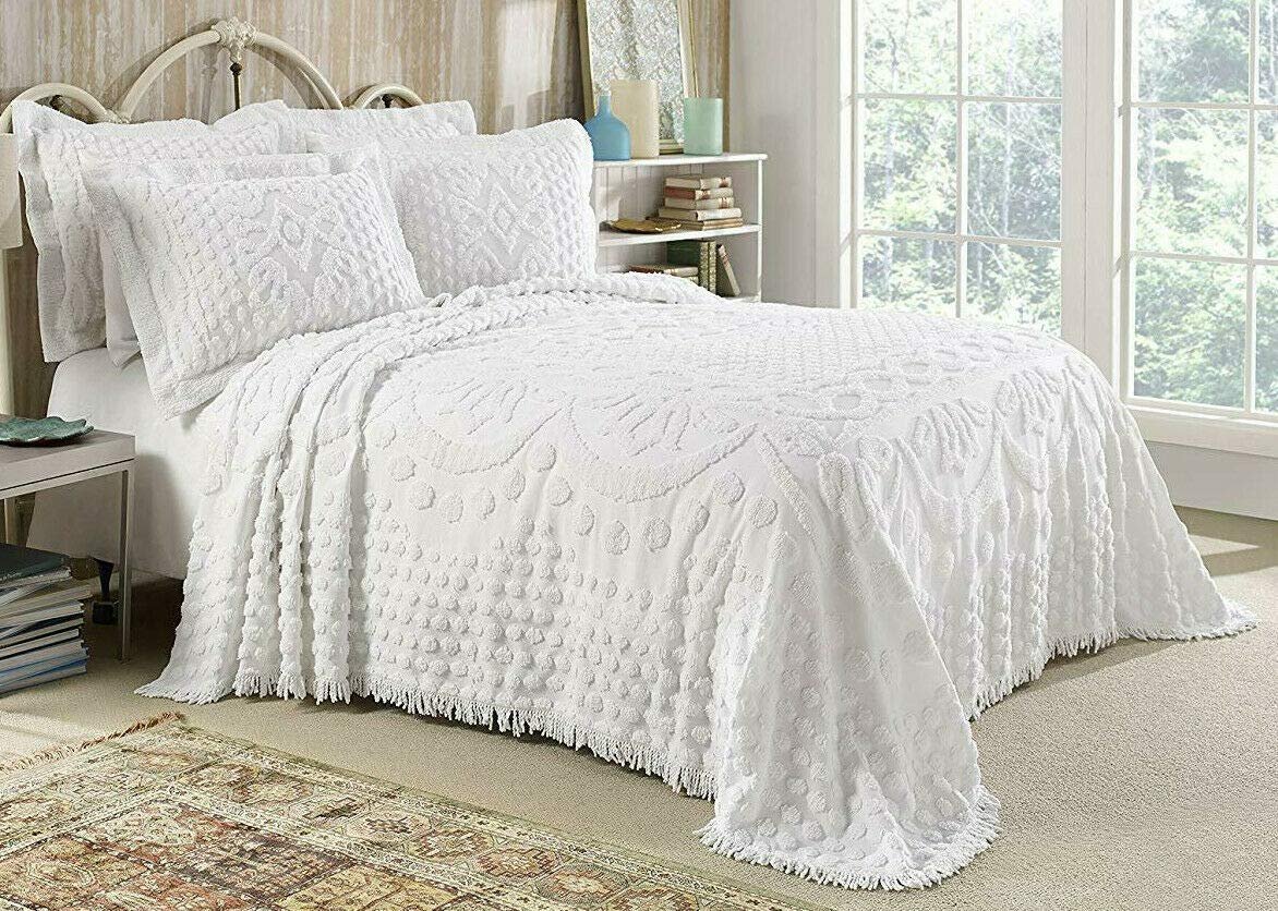 Style Master Kingston Tufted Floral Chenille Bedspread and Pillow SHAM Set, All Cotton (White, Twin)