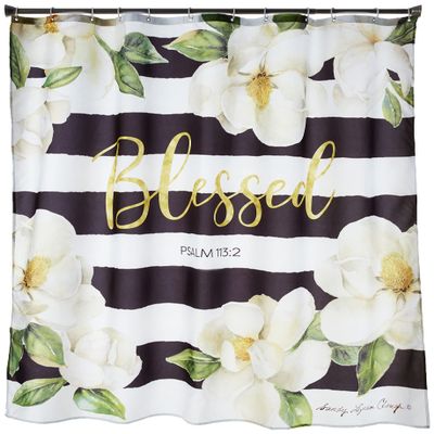 African American Expressions Shower Curtain with Hooks - 71 x 71 Inch, Black and White Blessed Magnolia
