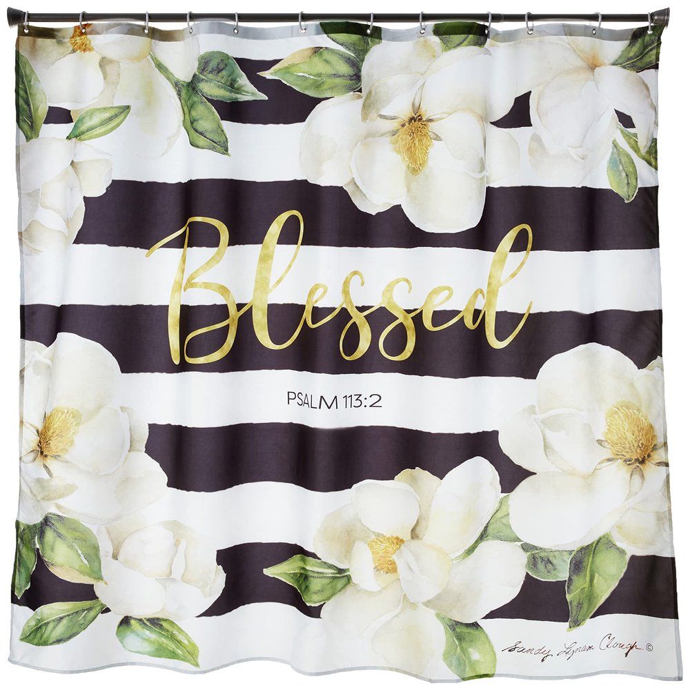 African American Expressions Shower Curtain with Hooks - 71 x 71 Inch, Black and White Blessed Magnolia