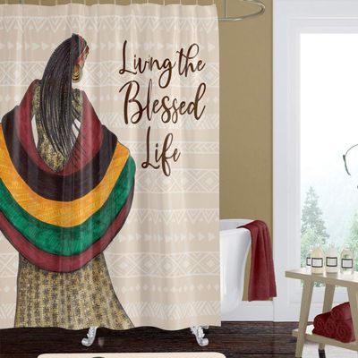 African American Expressions Shower Curtain with Hooks - 71 x 71 Inch, Blessed Life Mudcloth Pattern