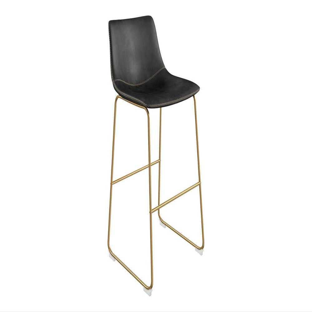 Inmod Kiersten Bar Stool, Set of 2, Black Mid Century Bar Stools with Back, Bar Chair with Backrest, Barstool Faux Leather, Mid-Century Faux Leather Barstool, Black___Gold Stitching