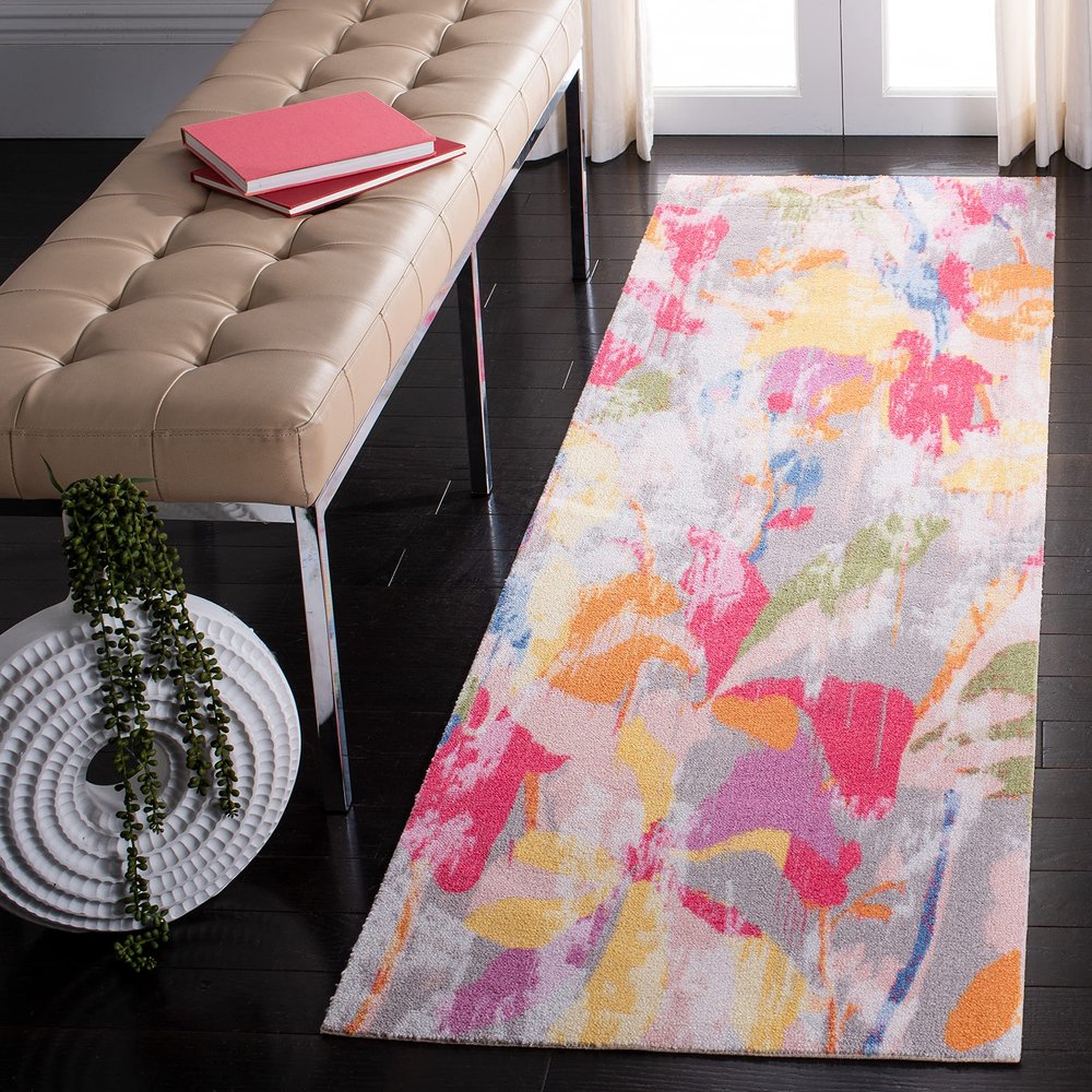 SAFAVIEH Florist Collection 2'3" x 8' Pink / Grey FLS152U Colorful Floral Distressed Runner Rug