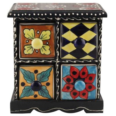 Indian Shelf Vocalforlocal Handcrafted Wooden and Ceramic Multicolor Spice Container Seasoning Masala Box Organizer Jewellery Rack(Four Darwer/6.75") Designer Gift