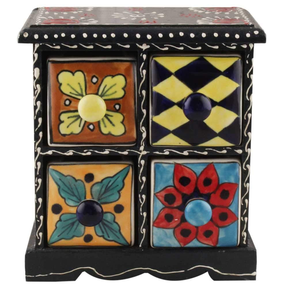 Indian Shelf Vocalforlocal Handcrafted Wooden and Ceramic Multicolor Spice Container Seasoning Masala Box Organizer Jewellery Rack(Four Darwer/6.75") Designer Gift