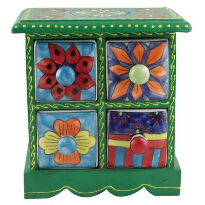 Indian Shelf Vocalforlocal Handcrafted Wooden and Ceramic Multicolor Spice Rack Container Organizer Dabba Jewellery Box (Four Darwer/6.75") Designer Gift