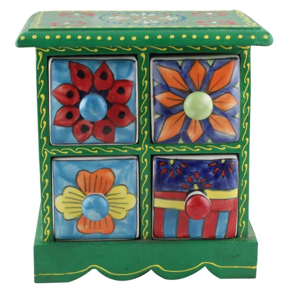 Indian Shelf Vocalforlocal Handcrafted Wooden and Ceramic Multicolor Spice Rack Container Organizer Dabba Jewellery Box (Four Darwer/6.75") Designer Gift