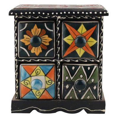 Indian Shelf Vocalforlocal Handcrafted Wooden and Ceramic Multicolor Spice Dabba Rack Container Organizer Jewellery Masala Box (Four Darwer/6.75") Designer Gift