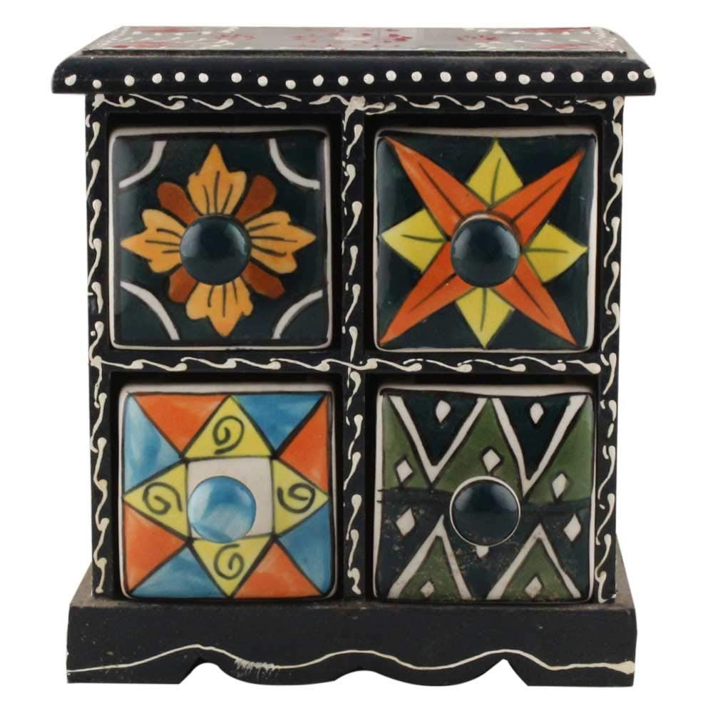 Indian Shelf Vocalforlocal Handcrafted Wooden and Ceramic Multicolor Spice Dabba Rack Container Organizer Jewellery Masala Box (Four Darwer/6.75") Designer Gift