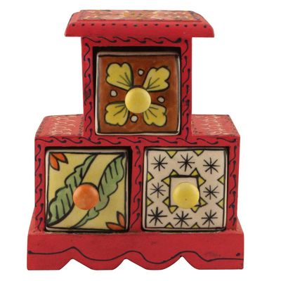 Indian Shelf Vocalforlocal Handcrafted Wooden and Ceramic Multicolor Spice Container Seasoning Masala Box Organizer Jewellery Rack(Three Darwer/6.75") Designer Gift