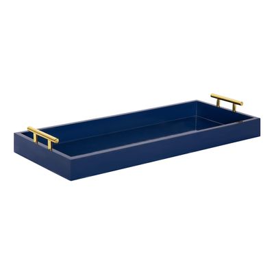 Kate and Laurel Lipton Narrow Decorative Tray with Polished Metal Handles, 10" x 24", Navy Blue and Gold, Chic Accent Tray for Display and Storage