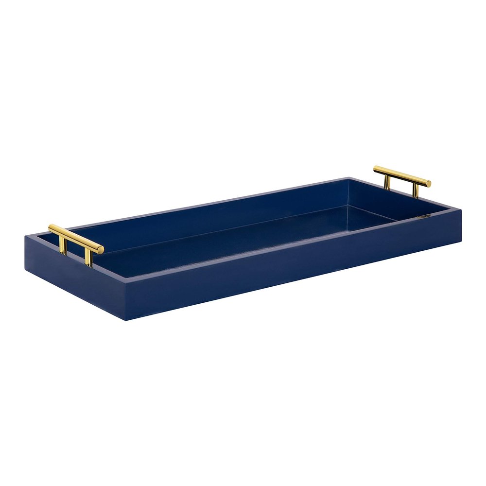Kate and Laurel Lipton Narrow Decorative Tray with Polished Metal Handles, 10" x 24", Navy Blue and Gold, Chic Accent Tray for Display and Storage