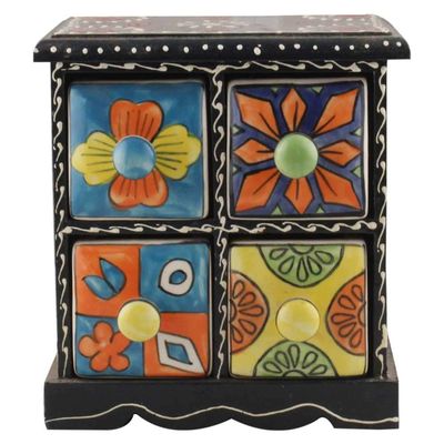 Indian Shelf Vocalforlocal Handcrafted Wooden and Ceramic Multicolor Seasoning Masala Rack Spice Dabba Container Box Organizer(Four Darwer/6.75") Designer Gift