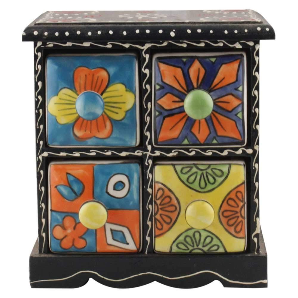 Indian Shelf Vocalforlocal Handcrafted Wooden and Ceramic Multicolor Seasoning Masala Rack Spice Dabba Container Box Organizer(Four Darwer/6.75") Designer Gift