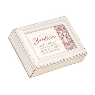 Cottage Garden Baptism Bless Little One White Silver Rope Traditional Music Box Plays Jesus Loves Me