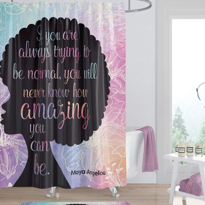 African American Expressions Shower Curtain with Hooks - 71 x 71 Inch, Natural Hair Afro Pink Floral Maya Angelou Amazing