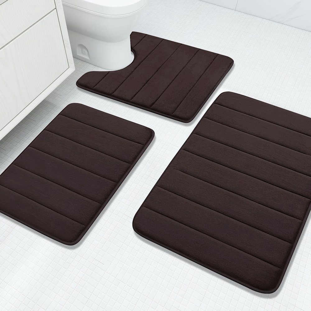 Buganda Memory Foam 3 Pieces Bathroom Rugs Set - Thick Soft Absorbent Non-Slip Bath Mats, Washable Small/Large/Contour Bath Rugs (24" x 16" + 30" x 20" + 24" x 20", Coffee)