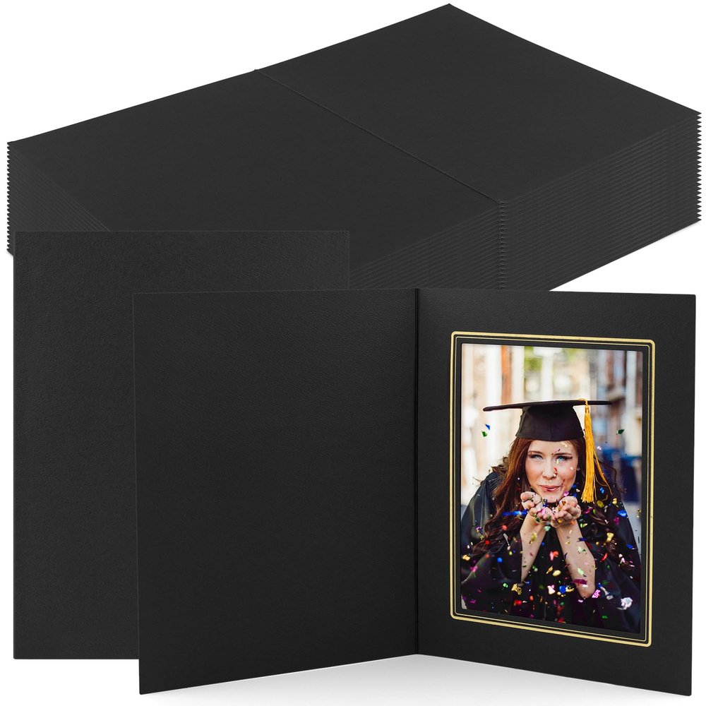 Golden State Art, Pack of 25, 5x7 Photo Folders, Cardboard Picture Frame, Paper Frame Cards, Greetings/Invitation Special Events: Graduation, Christmas (Black with Gold Lining)