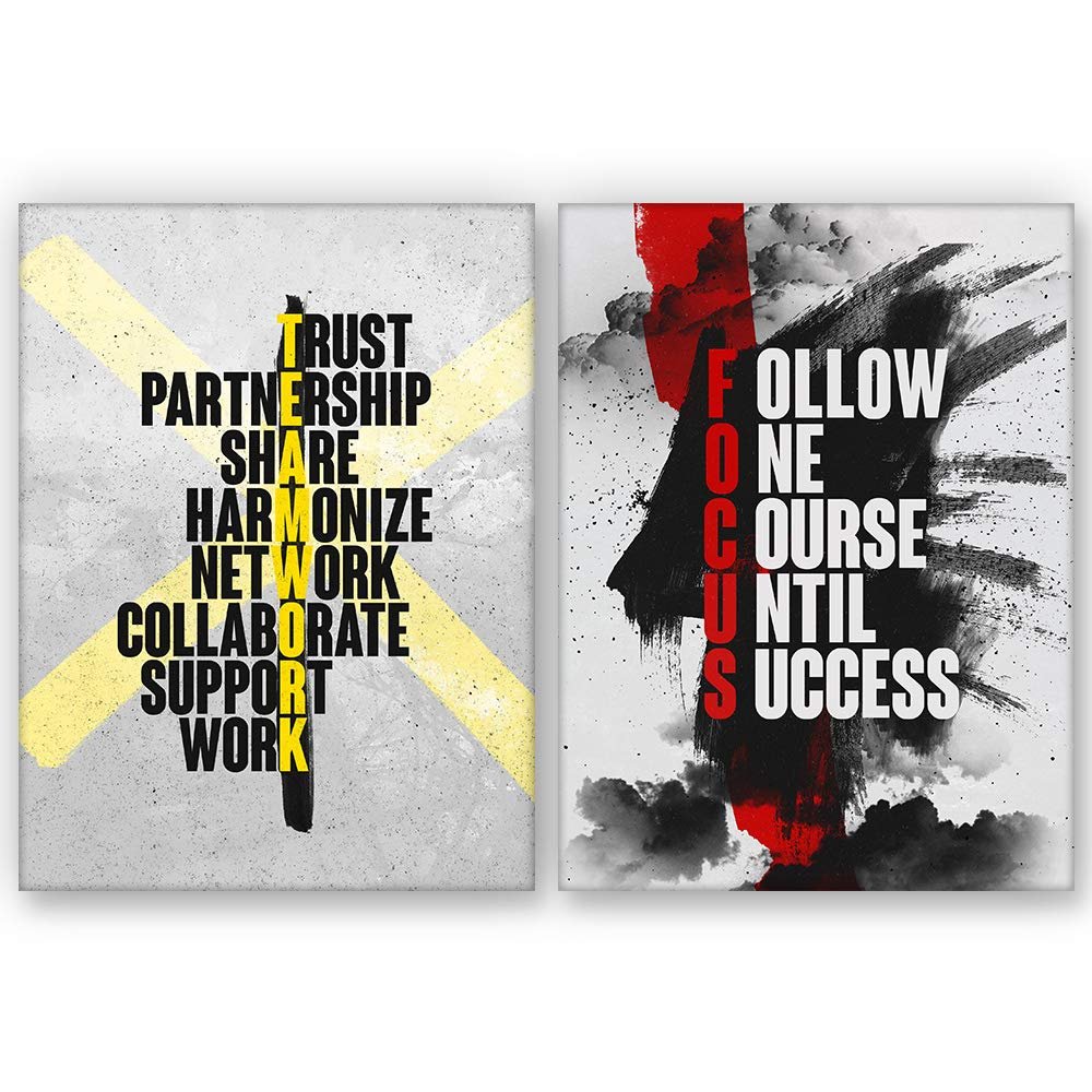 2 Piece Team Work Motivational Wall Art Office Decor Canvas Print Motivation Inspirational Focus Quote Success Teamwork Bundle (2x - 48" x 36")