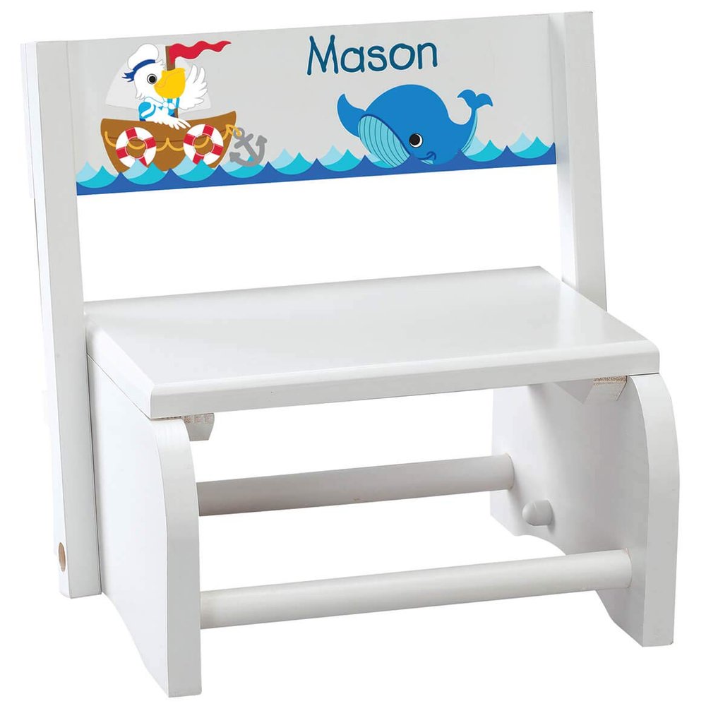 Custom Children's 2-in-1 Step Stool and Chair, White Wood, Ocean Friends Design with Custom Name