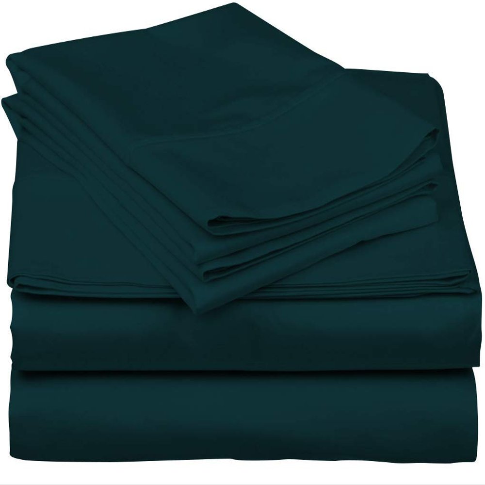 600-Thread-Count 100% Egyptian Cotton Bed Sheets, 5-Pc King,Dark Green Sheet Set, Sateen Weave, Fits Mattress Upto 33'' Deep Pocket