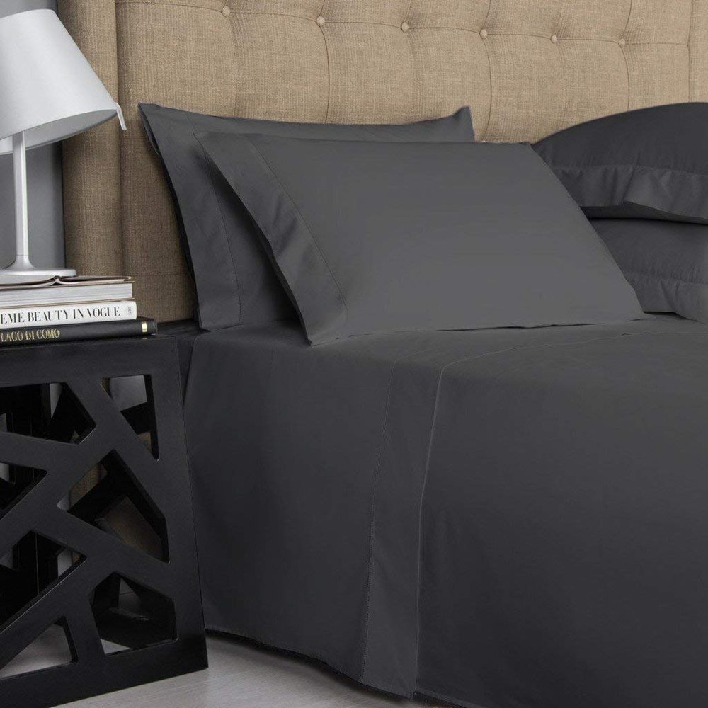 600-Thread-Count 100% Egyptian Cotton Bed Sheets, 5-Pc King,Dark Gray Sheet Set, Sateen Weave, Fits Mattress Upto 34'' Deep Pocket