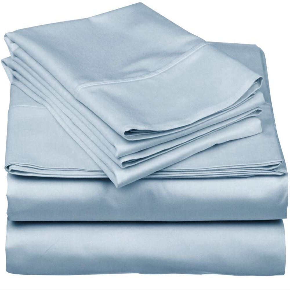 600-Thread-Count 100% Egyptian Cotton Bed Sheets, 5-Pc King,Light Blue Sheet Set, Sateen Weave, Fits Mattress Upto 32'' Deep Pocket