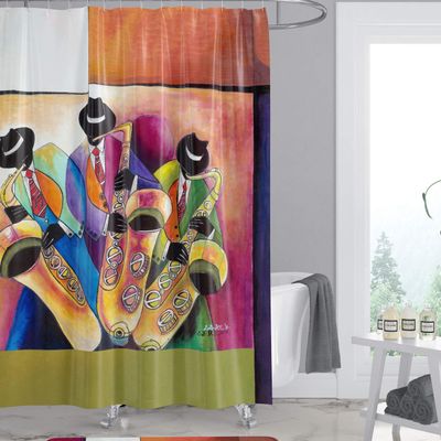 African American Expressions Shower Curtain with Hooks - 71 x 71 Inch, Jazz Saxophones