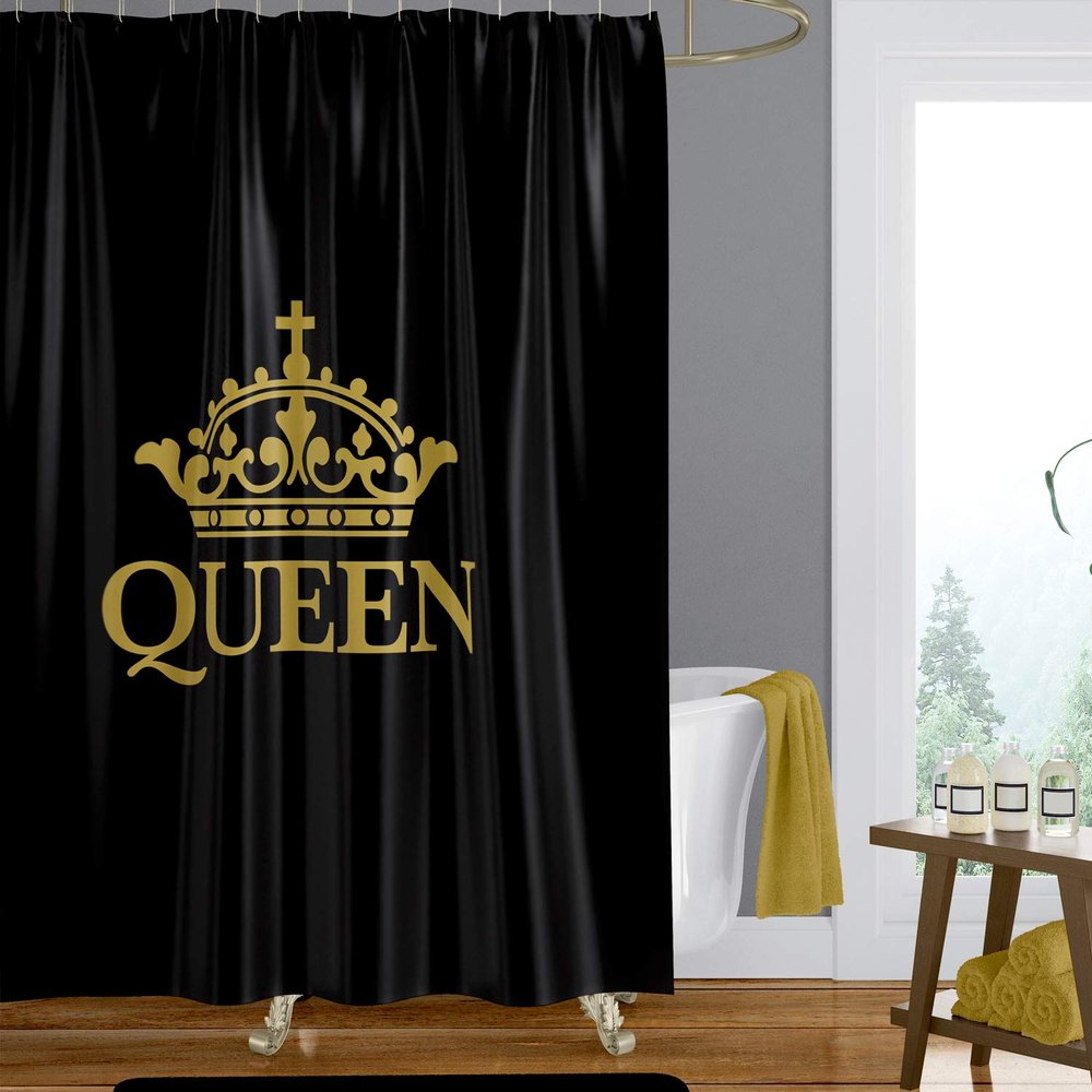 African American Expressions Shower Curtain with Hooks - 71 x 71 Inch, Black and Gold Queen Crown