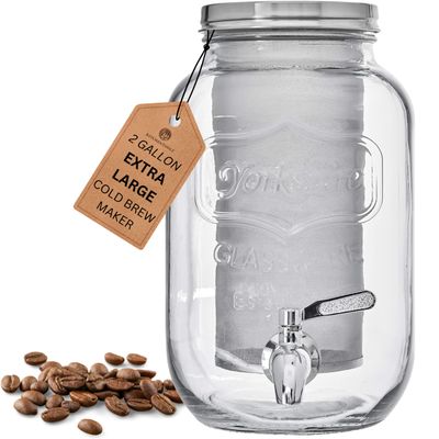 2-Gallon Cold Brew Coffee Maker  Commercial Size Extra Large Glass Dispenser with Metal Spigot, Reusable Metal Filter & Airtight Lid  Big Batch Brewing by KitchenToolz