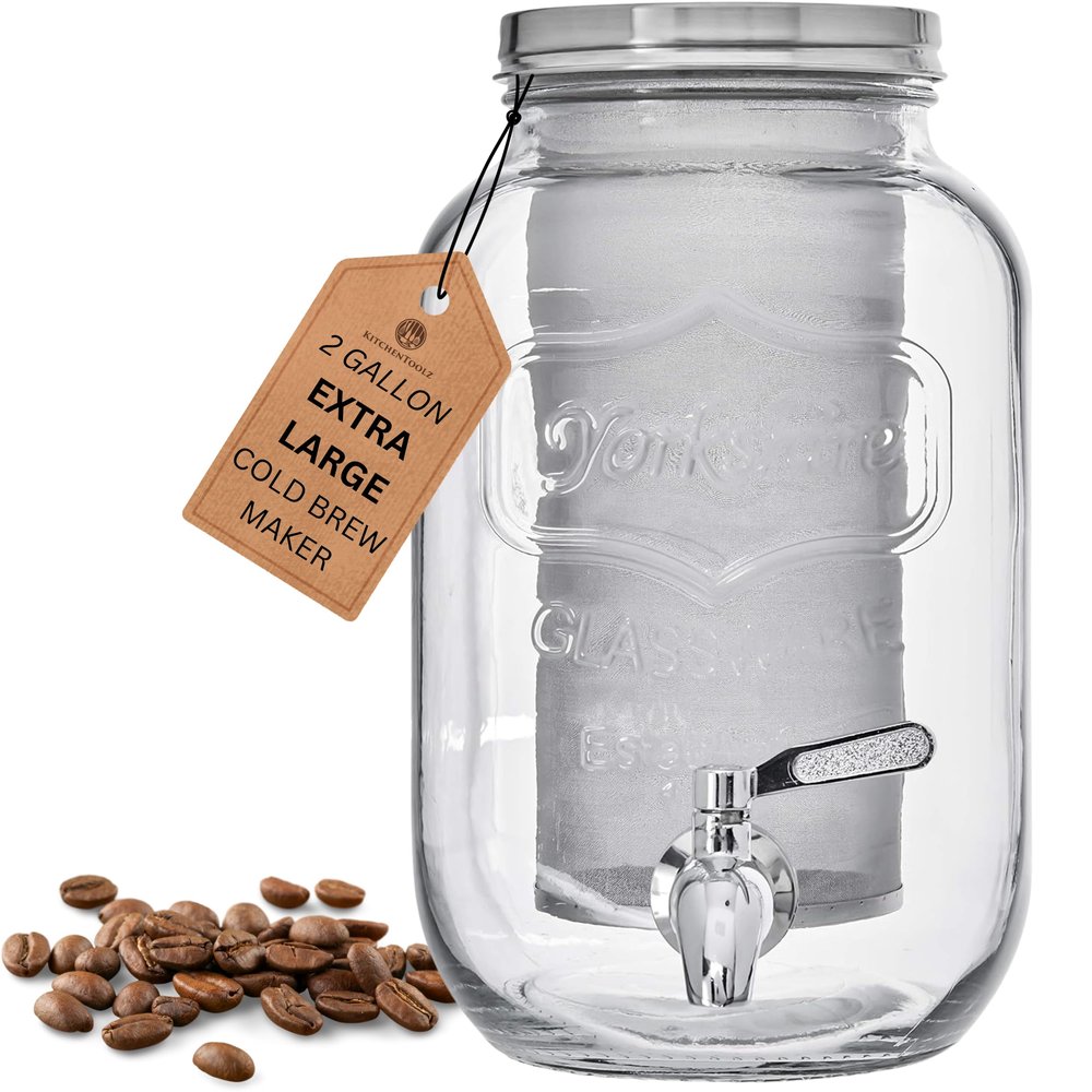 2-Gallon Cold Brew Coffee Maker  Commercial Size Extra Large Glass Dispenser with Metal Spigot, Reusable Metal Filter & Airtight Lid  Big Batch Brewing by KitchenToolz
