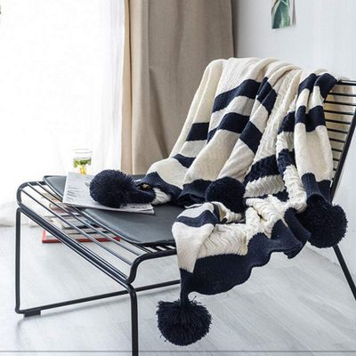 51"x67" Decorative Pom Pom Throw Blanket Knitted Striped Blanket Couch Bed Sofa Throw Blanket Family Friend