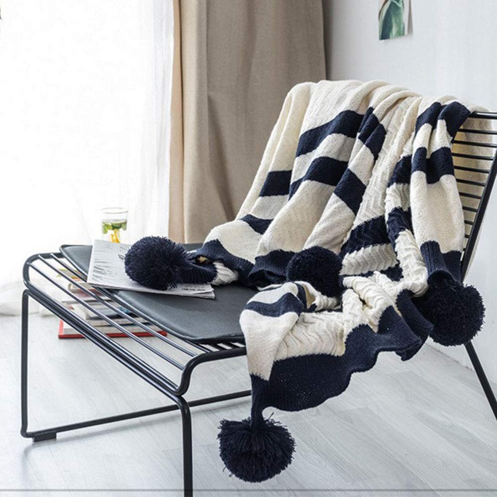 51"x67" Decorative Pom Pom Throw Blanket Knitted Striped Blanket Couch Bed Sofa Throw Blanket Family Friend
