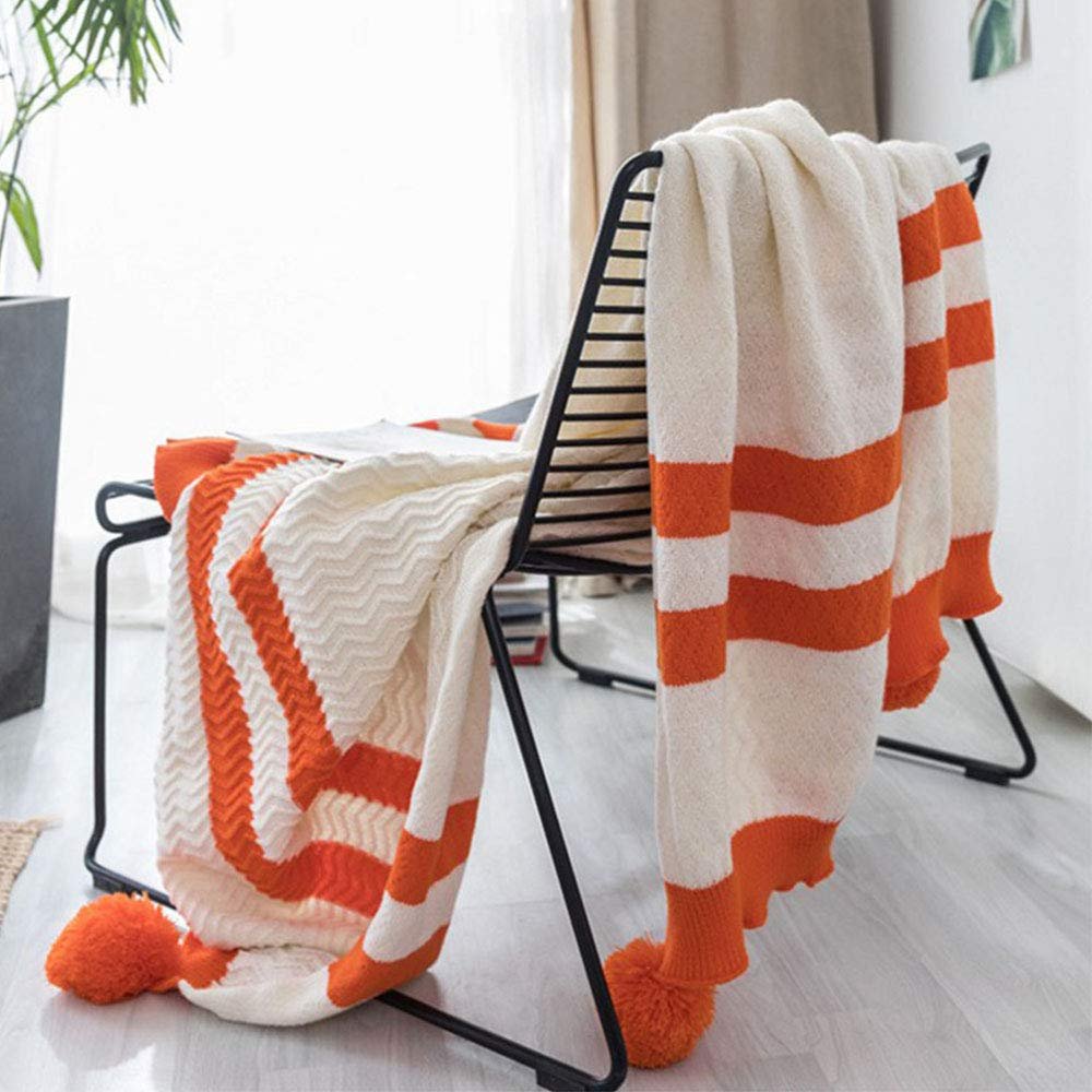 51"x67" Decorative Pom Pom Throw Blanket Knitted Striped Blanket Couch Bed Sofa Throw Blanket Family Friend