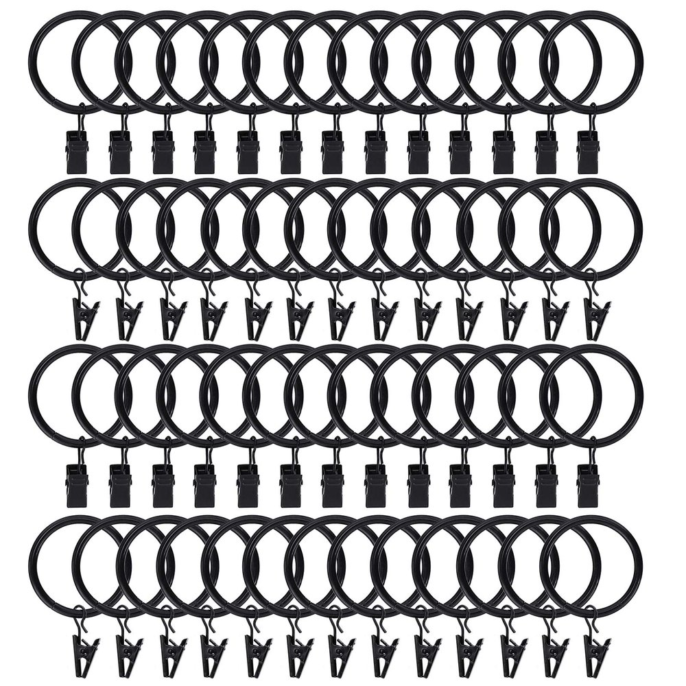 100Pack Curtain Rings with Clips Hooks, Black Metal Stainless Steel Drapery Rings, 1.5in Interior Diameter Curtain Hangers Clips, Fits Diameter 1.2 in Rod, Vintage Black