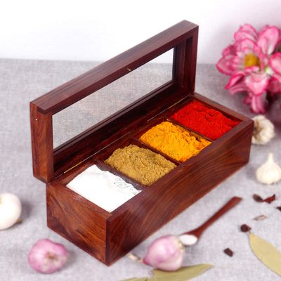 Creation India Craft Wooden Spice Box, Masala Container, Condiments Storage Case for Kitchen, Multipurpose Decorative Box - Indian Rosewood Crafted