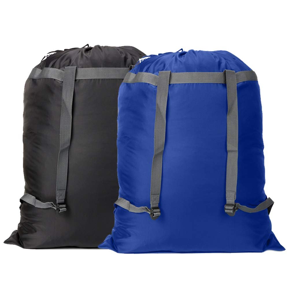 2 Pack Laundry Bag Backpack, 27 x 34Sturdy Laundry Bag with Shoulder Straps Drawstring Closure Heavy Duty Foldable Laundry Backpack for College, Travel, Laundromat, Apartment (Black Blue)