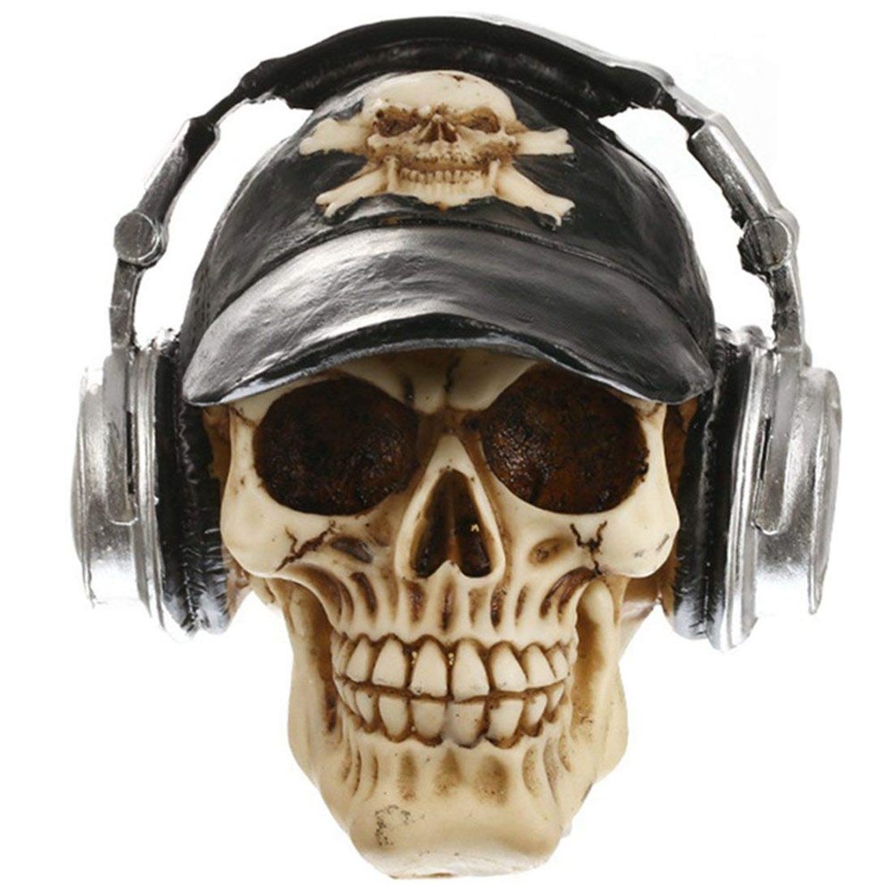 JNKET Resin Skull Statue Skeleton Head Human Skull with Headphones Halloween Skull Sculpture Home Decoration