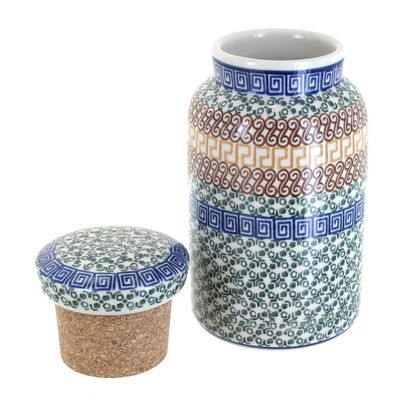 Blue Rose Polish Pottery - Brown Athena Canister with Cork Top - 4 Cup Capacity - Hand-Painted Polish Pottery Ceramic Kitchen Storage Jar with Lid