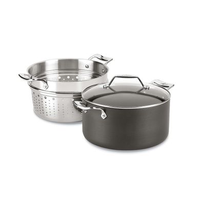All-Clad Essentials Hard Anodized Nonstick Multi-Pot 7 Quart Oven Broiler Safe 500F Strainer, Pasta Strainer with Handle, Pots and Pans Black