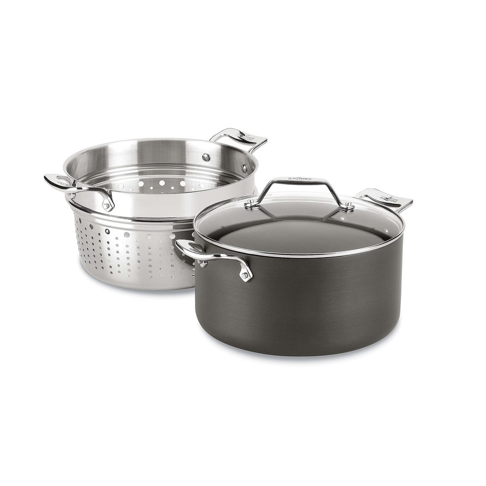 All-Clad Essentials Hard Anodized Nonstick Multi-Pot 7 Quart Oven Broiler Safe 500F Strainer, Pasta Strainer with Handle, Pots and Pans Black