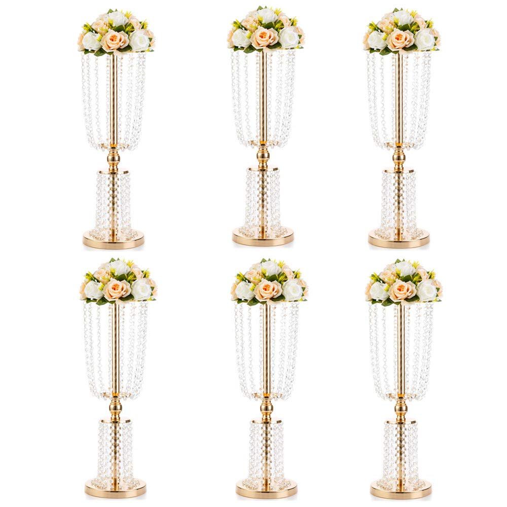 6 Pcs 23.75 inches Gold Vases for Centerpieces Tall Crystal Metal Vase Flower Stand Holders Wedding Centerpiece Chandelier for Reception Tables Wedding Supplies