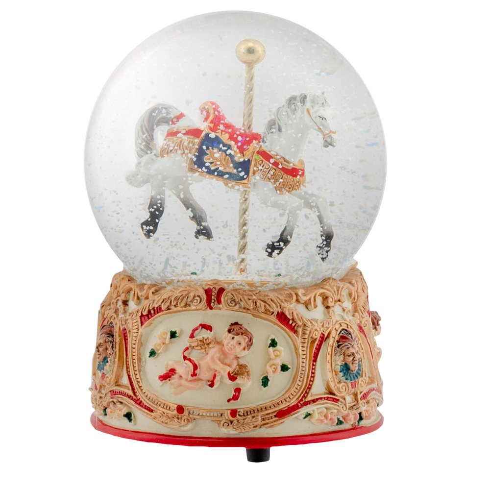 Elanze Designs Gilded Gold Tone Cupid and Carousel Horse 100MM Musical Water Globe Plays Tune Unchained Melody