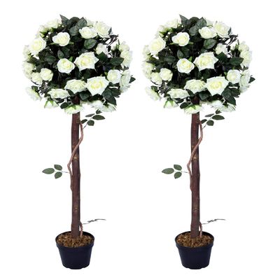 AMERIQUE Pair 4 Feet Gorgeous & Lifelike Artificial Trees, Nursery Pot, Real Touch Tech, 4' with 48 Rose Flowers Each, Green & White