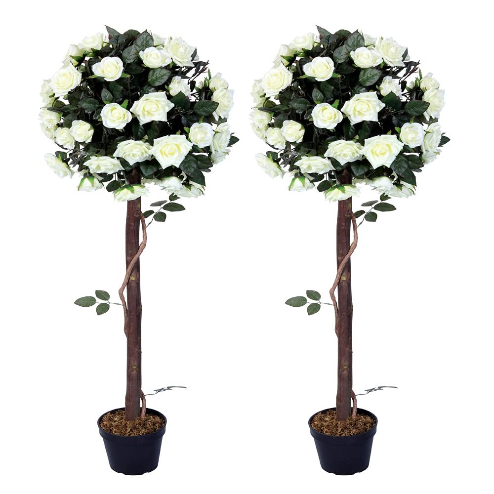 AMERIQUE Pair 4 Feet Gorgeous & Lifelike Artificial Trees, Nursery Pot, Real Touch Tech, 4' with 48 Rose Flowers Each, Green & White