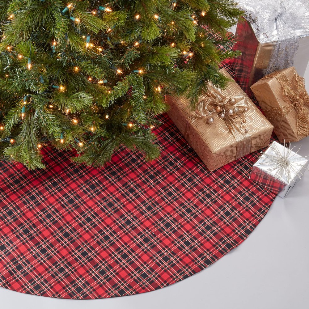 SARO LIFESTYLE Highland Holiday Collection Plaid Design Christmas Tree Skirt, 72", Red