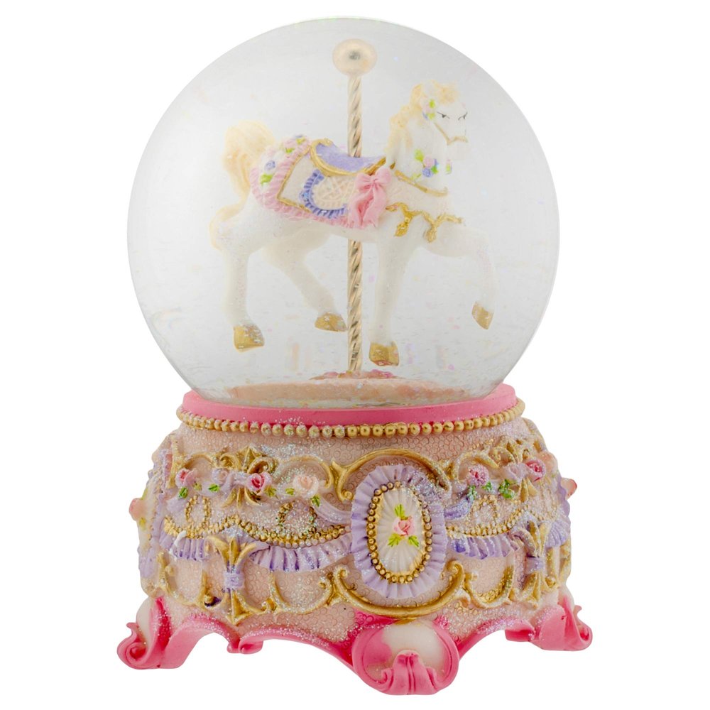 Elanze Designs Pink Rose Horse and Carousel 100MM Sturdy Wind Up Musical Glitter Water Snow Globe Tabletop Dresser Figurine Decoration Plays Tune Carousel Waltz