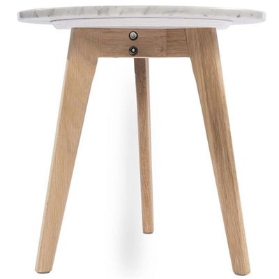 The Bianco Collection Cherie 15" Round Italian Carrara White Marble Table with Oak Legs