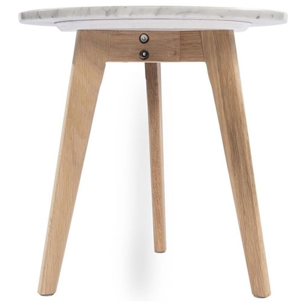 The Bianco Collection Cherie 15" Round Italian Carrara White Marble Table with Oak Legs