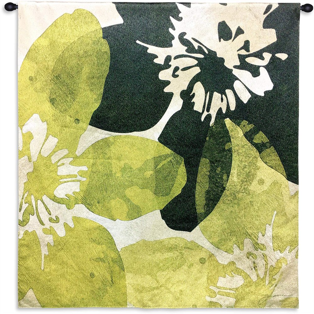 Bloomer Tile VI by James Burghardt | Woven Tapestry Wall Art Hanging | Crisp Bold Flowers in Green and Yellow | 100% Cotton USA Size 30x30
