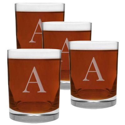 4 Piece Glass Set Engraved with A-Letter Monogram, 13.5-Ounce